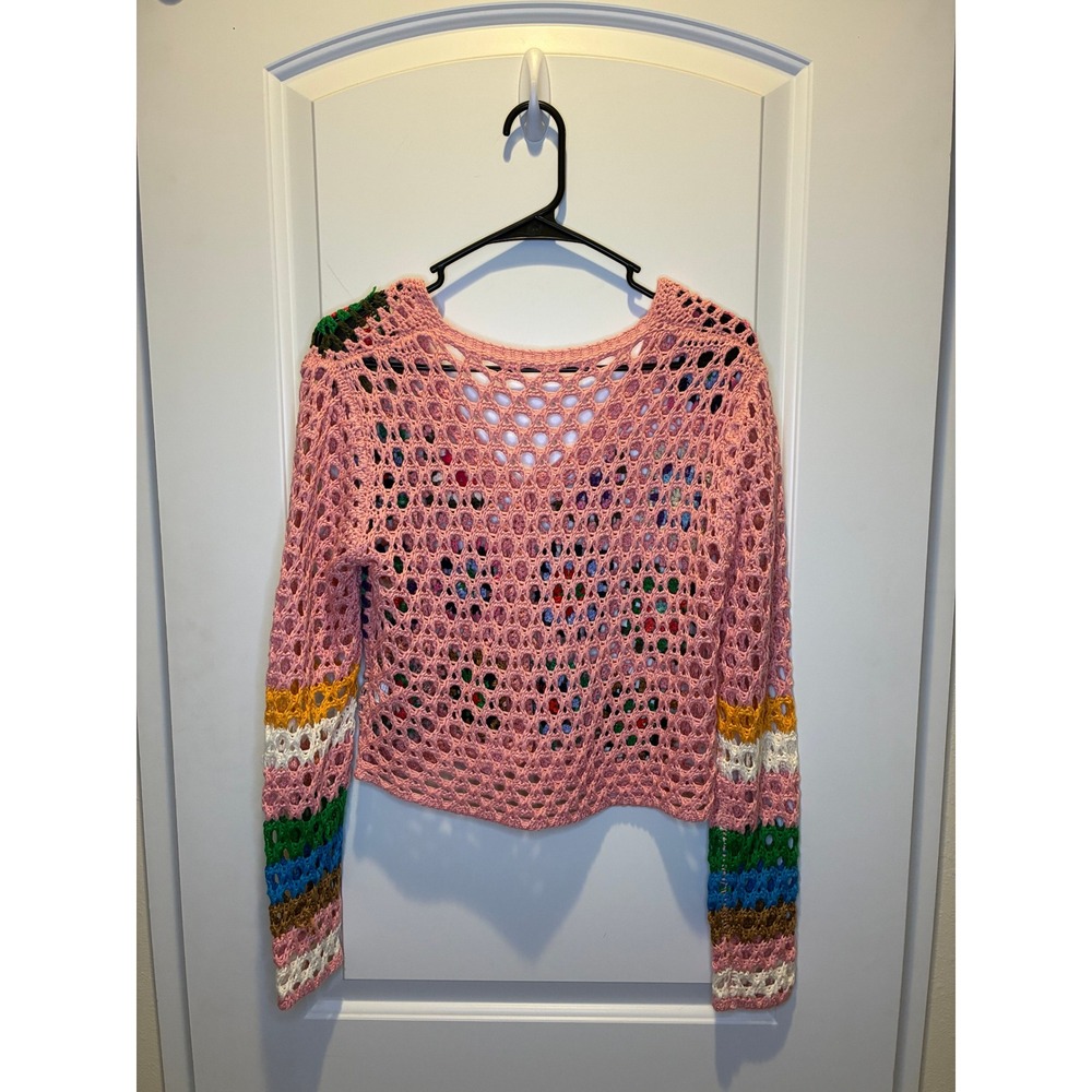 Pink Crotchet Vintage Cardigan Sweater with colorful block pattern Size XS-Small - Picture 2 of 3